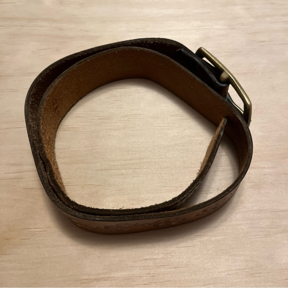 Vintage Brown Tooled Leather Floral Belt Brass Buckle Boho Western